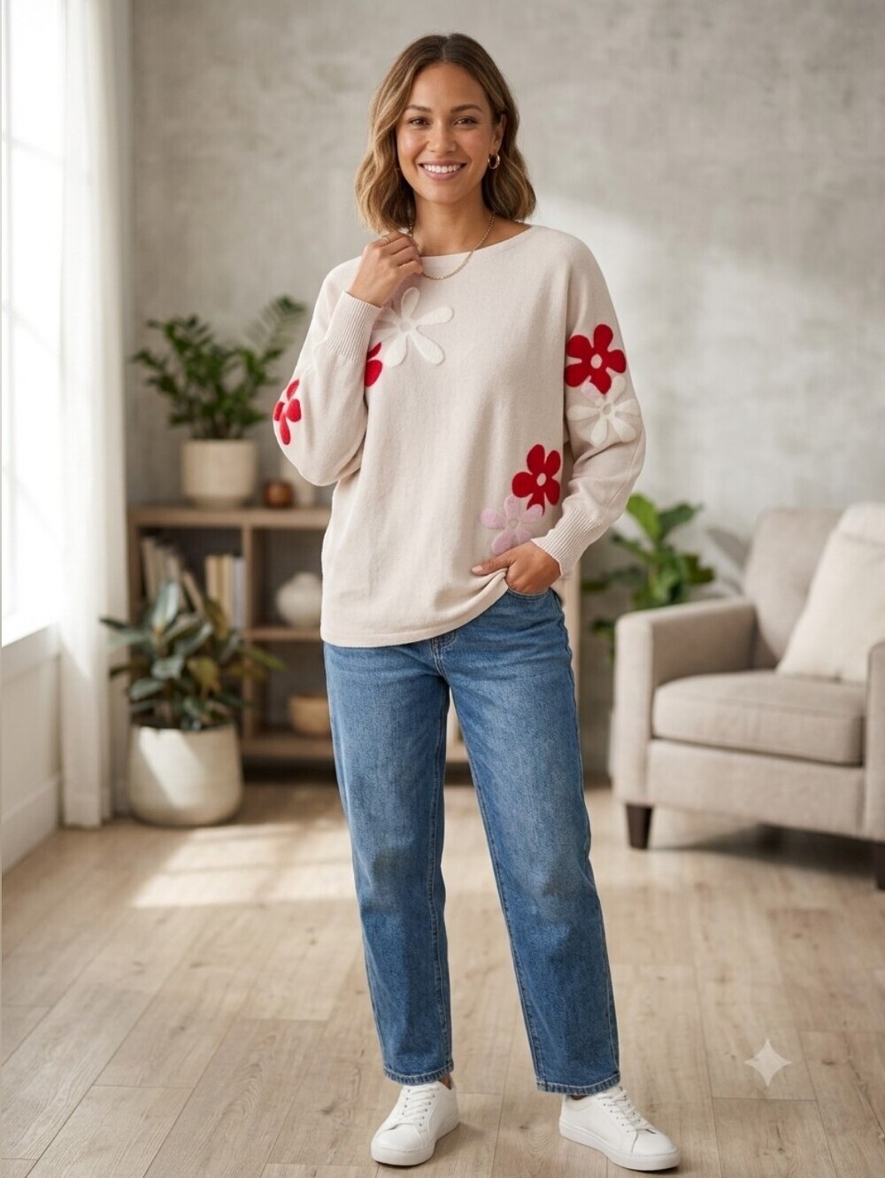 Sioni Floral Applique Sweater Womens Large Cream Pink Red Felt Daisy Knit Top